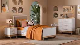 Hanah Home Cama Individual con Cabecero Tapizado en Madera y Roble Blanco